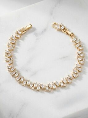 14K Gold Plated Zigzag Baguette CZ Tennis Bracelet | Staggered Crystal Link